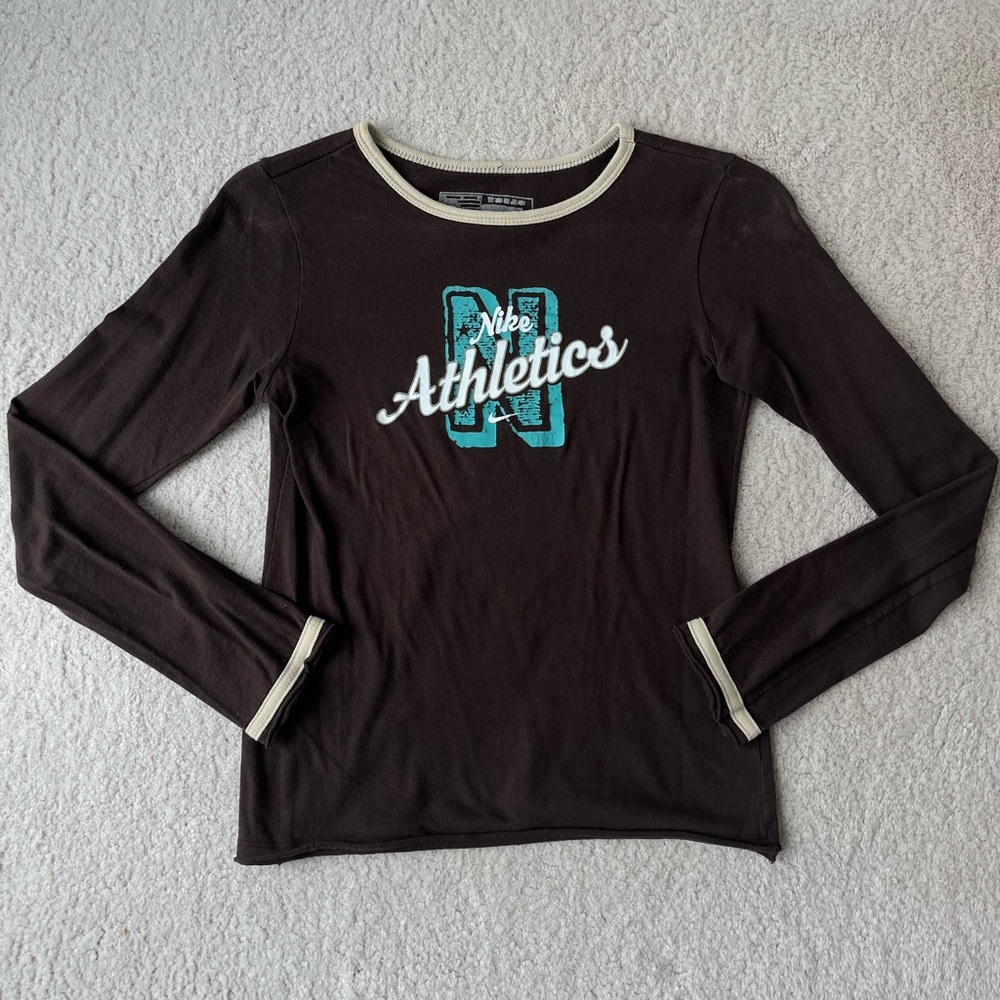 Nike Brown Long Sleeve 'Athletics' Tee with Cream Trim and Teal Logo